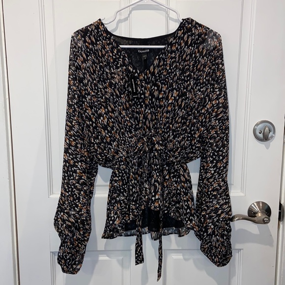 NWT. Express Blouse. Size Small. Tie In Front & Raunched Waist For Slimming Fit. - Picture 2 of 8